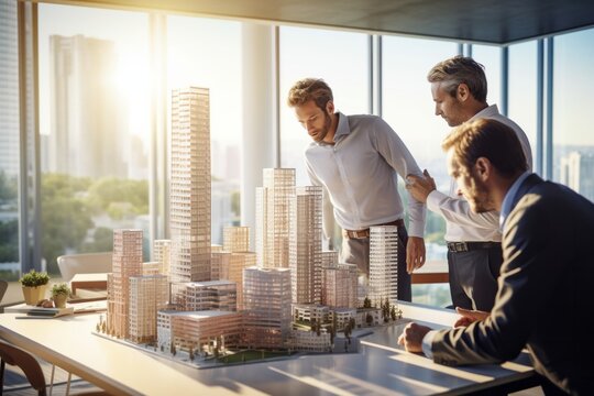 Architects working on construction project in modern office with city view