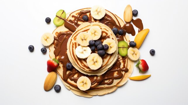 Image of pancakes with chocolate chips and sliced bananas.
