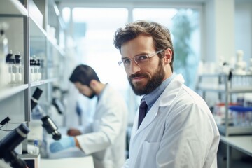 Naklejka na ściany i meble Serious young male scientist looking at camera while working in the laboratory