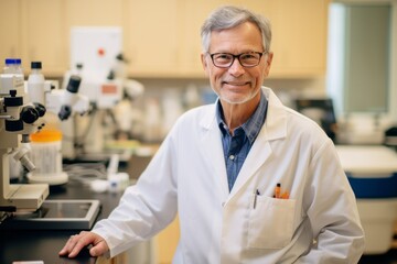 Portrait of senior scientist working in laboratory. Mature man in white coat and eyeglasses looking at camera.