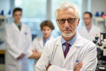 Fototapeta premium Portrait of senior male scientist in front of his team in the laboratory