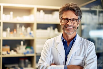 Portrait of smiling mature male pharmacist standing with arms crossed in drugstore