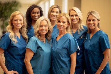 healthcare and medicine concept - group of smiling female doctors or nurse in hospital corridor