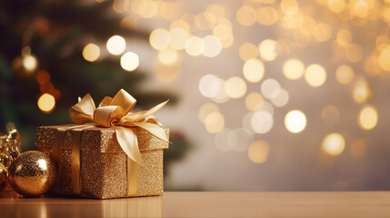 gift box on table with blur Christmas tree and golden festive bokeh light background for special holiday - obrazy, fototapety, plakaty