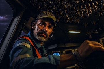 Obraz premium Group portrait photography of a seasoned pilot navigating through stormy weather with unwavering focus 