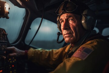 Portrait of an elderly pilot in the cockpit of a helicopter.