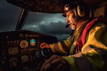 Group portrait photography of a seasoned pilot navigating through stormy weather with unwavering focus 