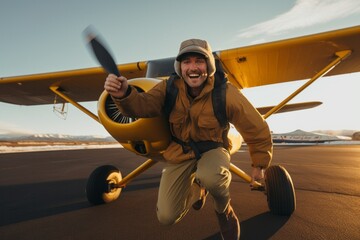 Group portrait photography of an adventurous pilot taking off for a journey around the world 