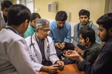 Fototapeta na wymiar indian male doctor using mobile phone and listening to patient in hospital