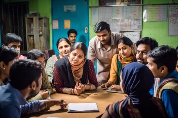 Group of young indian people attending a lesson in a school.