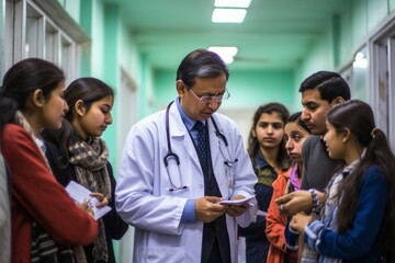 Doctor with stethoscope and group of people in hospital corridor.