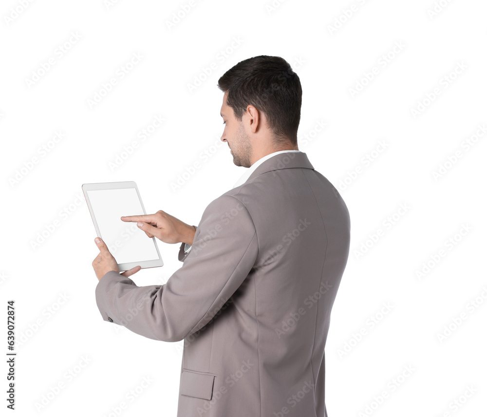Poster man using tablet with blank screen on white background