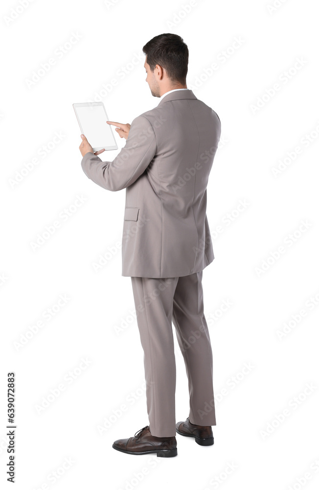 Aufkleber man using tablet with blank screen on white background