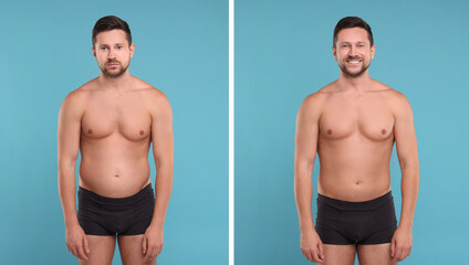 Collage with portraits of man before and after weight loss on light blue background