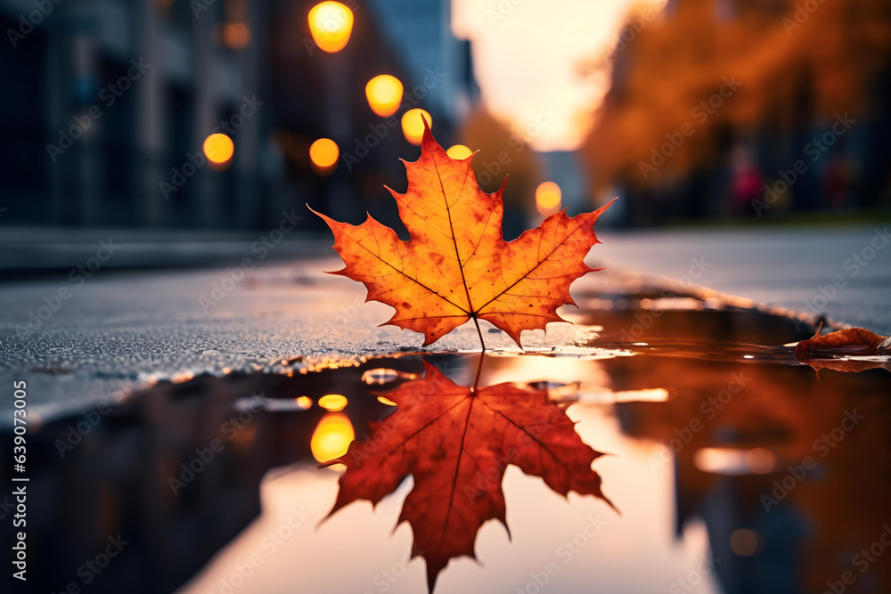 Wall mural macro or close-up view of a maple leaf on the road with its reflection on water. autumn or fall conc