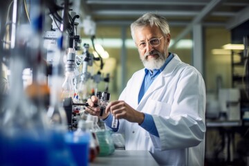 Group portrait photography of a methodical scientist conducting an experiment in the lab 