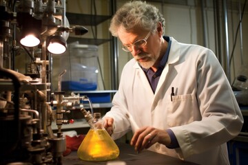 Senior scientist working in a laboratory. He is wearing a white coat and glasses.
