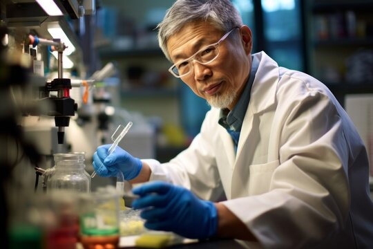 senior male researcher carrying out scientific research in a lab (shallow DOF; color toned image)