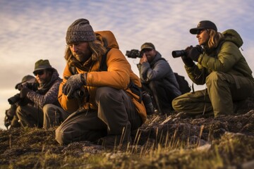Group of photographers sitting on top of a mountain and looking at camera