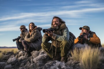 Low angle view of a group of photographers sitting on the ground during sunset