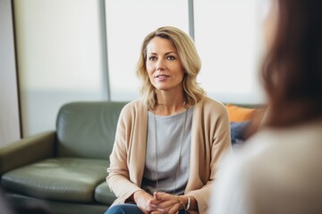 Portrait of smiling mature woman talking with psychologist during therapy session in office