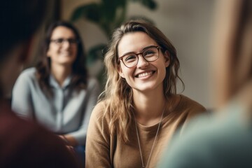 Smiling young woman in eyeglasses looking at camera during meeting