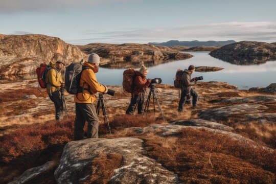 Group of photographers on the top of a mountain, taking pictures of nature
