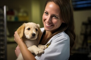 Portrait of a young female veterinarian holding a cute puppy in her arms
