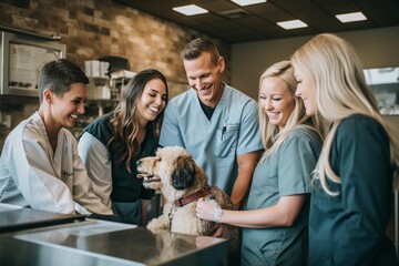 Smiling doctors and nurses with a dog in a veterinary clinic.