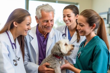 Portrait of smiling doctors with dog in vet clinic. Focus on dog