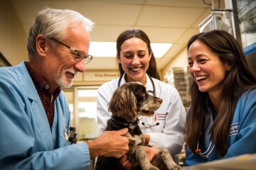 Portrait of happy veterinarian examining a dog in the operating room at veterinary clinic