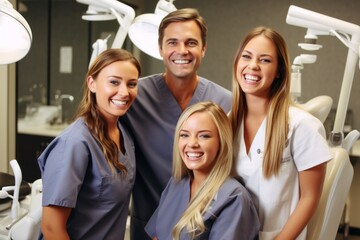Portrait of happy dentists with female patient in dental clinic.