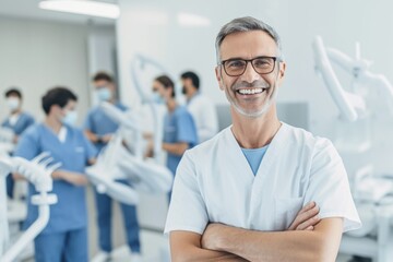 Group portrait photography of a detail-oriented dentist conducting a regular dental check-up 
