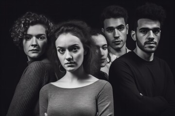 Group of young people on a black background. Monochrome.