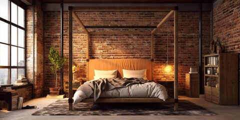 The interior design of brick wall bedroom with four poster bed in rustic industrial style.