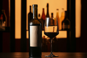 Glass and bottle of red wine on table in bar