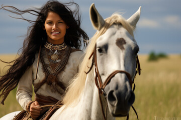 Obraz premium Beautiful indigenous woman riding a horse on the prairies. 