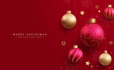 Christmas balls vector design. Merry christmas and happy new year greeting text with red and gold xmas balls hanging ornaments in elegant background. Vector illustration greeting card in red 