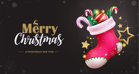 Merry christmas text vector design. Christmas greeting card with red santa socks, candy cane and stars decoration elements. Vector illustration xmas greeting card background.
