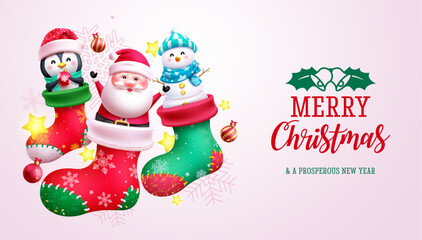 Merry christmas text vector design. Christmas socks elements with xmas characters like santa claus, penguin and snowman decoration. Vector illustration greeting card background.
