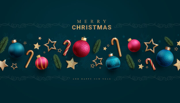 Merry christmas text vector design. Christmas greeting card with elegant xmas elements and ornaments decoration. Vector illustration seasonal card background.
