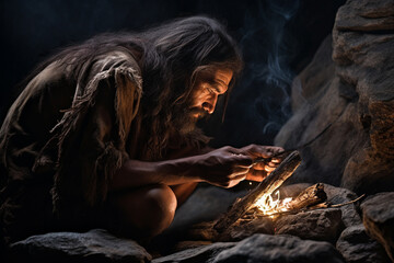 Caveman trying to light a fire inside a cave. 