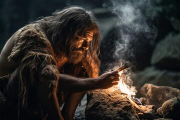 Caveman trying to light a fire inside a cave.  - obrazy, fototapety, plakaty