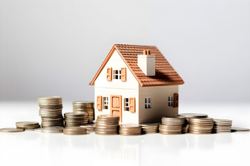 Real estate, Asset management, Property and new home concept. Refinance, Loan, Mortgage, Investment, Inflation, Sale and tax rise, Business and finance. House model and money on white table.