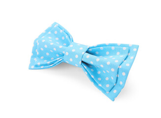 Stylish light blue bow tie with polka dot pattern on white background