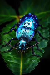 Beautiful Blue Beetle on Green Leaf Close-Up