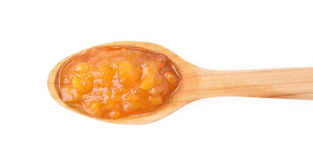 Wooden spoon with tasty apricot jam isolated on white, top view