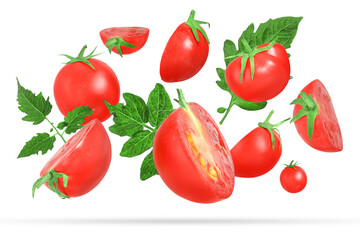 Many fresh ripe tomatoes and green leaves falling on white background