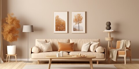 Warm and cozy living room interior with mock up poster frame, beige sofa, wooden consola