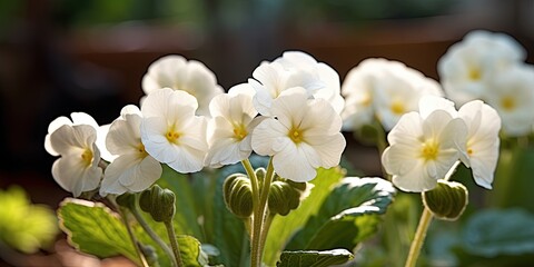 White primula flowers in the garden, closeup
